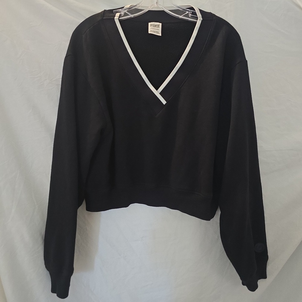 Victoria's Secret PINK Premium Fleece V-Neck Crop Pullover Sweatshirt Black XL